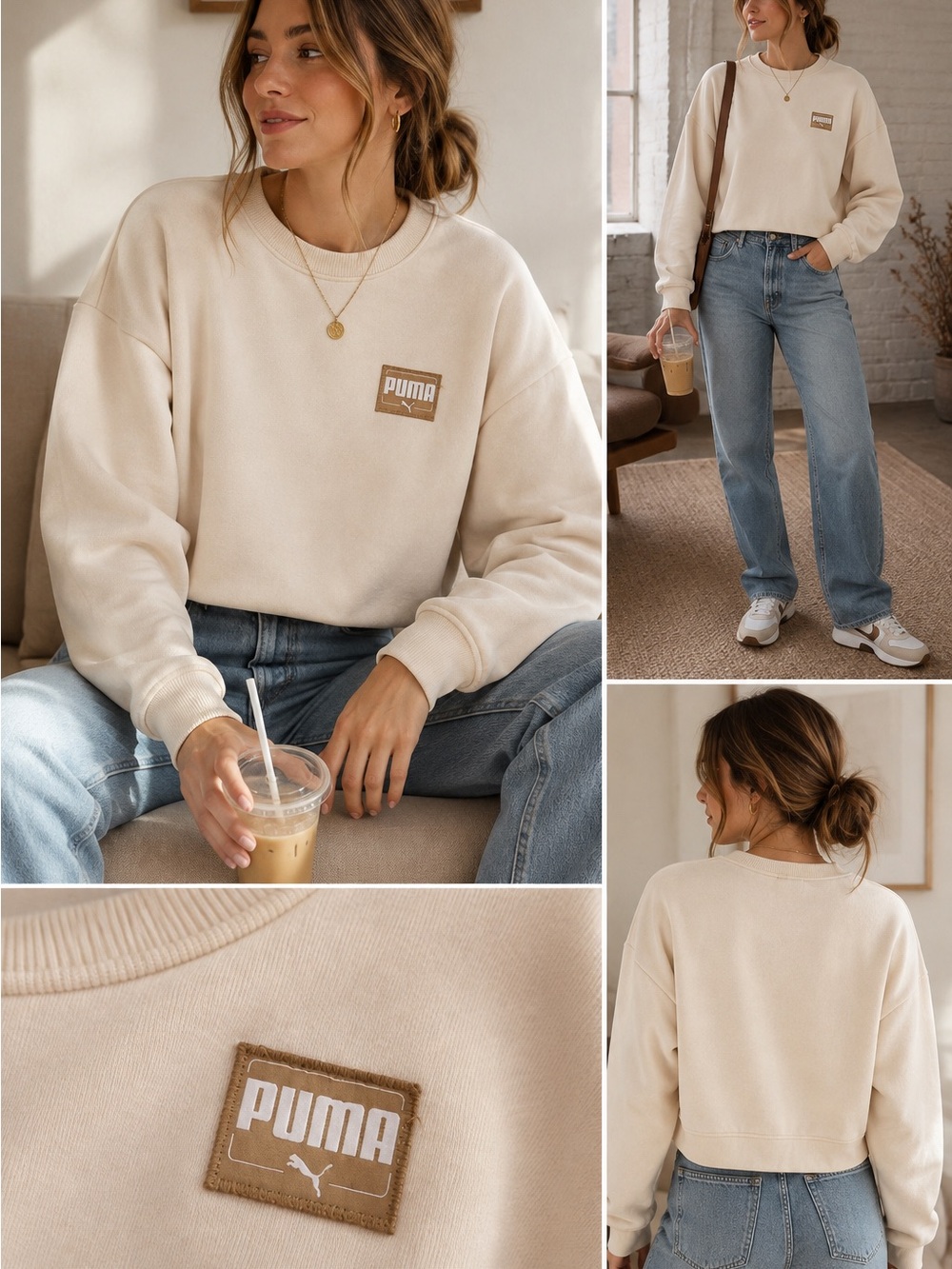 PUMA Women’s XS Cream Cotton Blend Sweatshirt Relaxed Fit Patch Logo Casual
